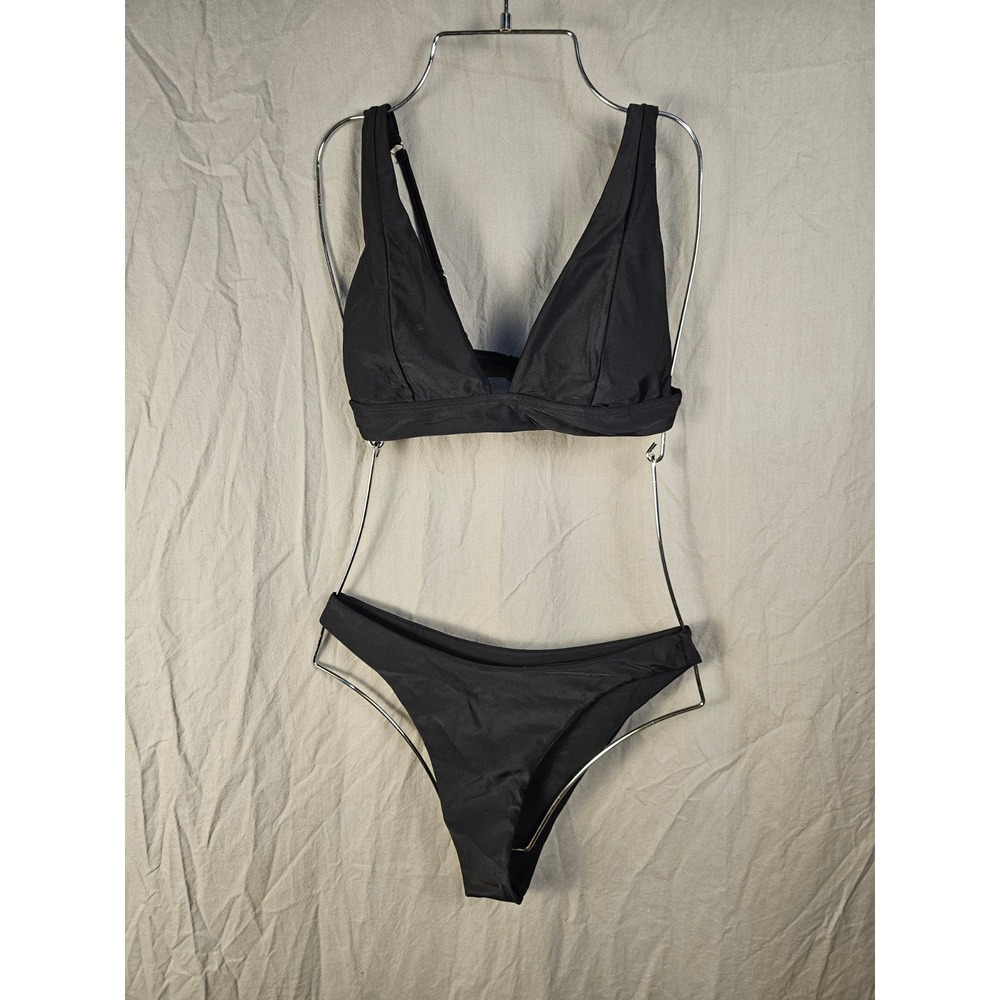 Womens Black V-Neck Triangle Bikini Two Piece Swimsuit Set Size S